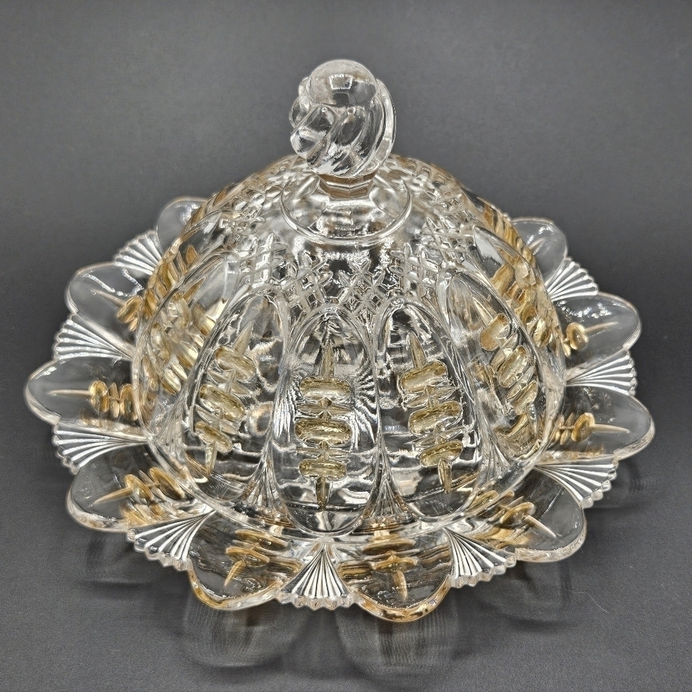 c 1896 EAPG Triple Thumbprint / African Shield Clean w/GOLD Butter Dish w/Cover